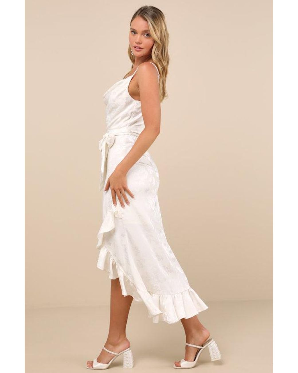 Lulus Natural Modern Passion Floral Satin Jacquard Ruffled Midi Dress
