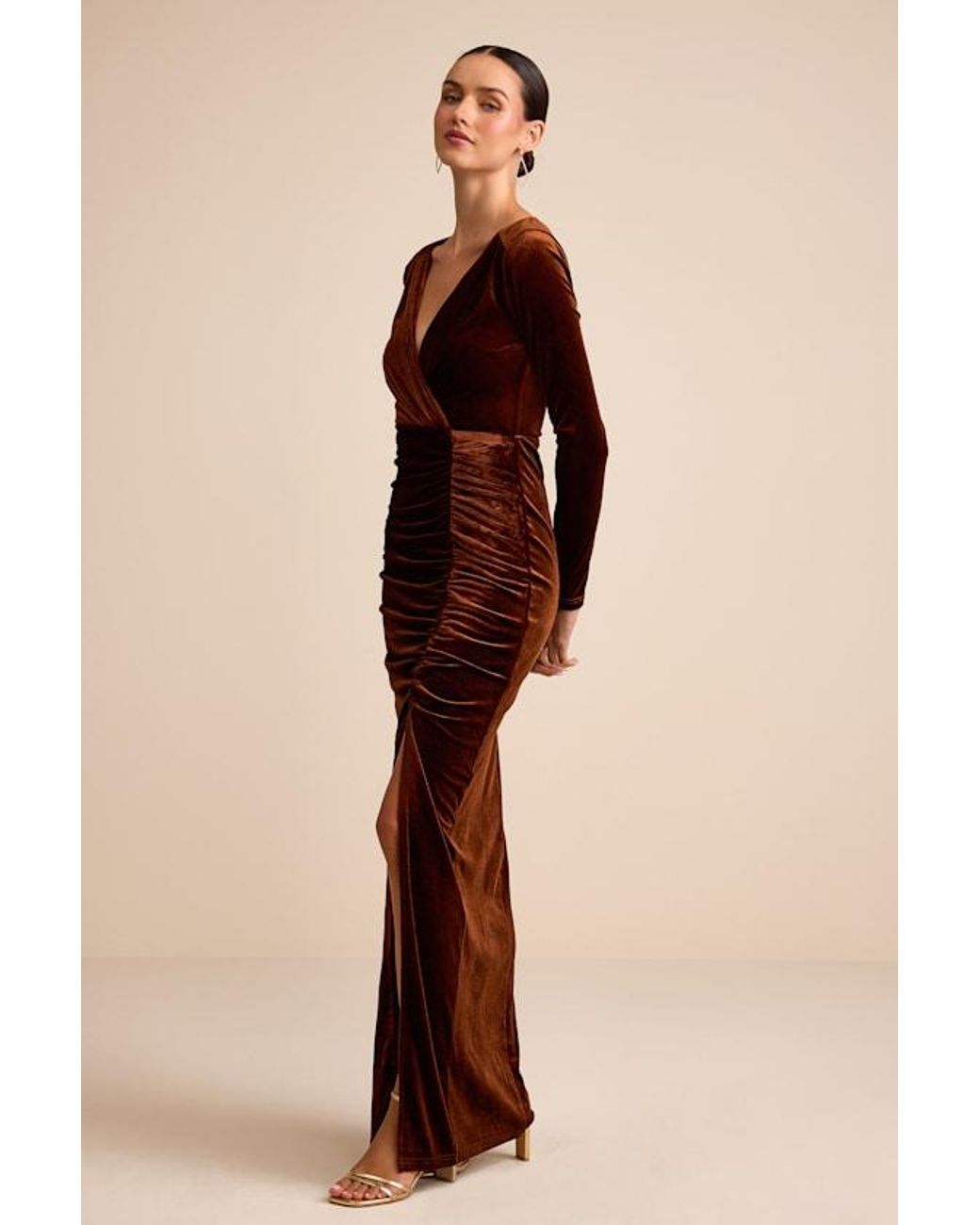 Lulus Natural Yasna Velvet Ruched Surplice Long Sleeve Maxi Dress
