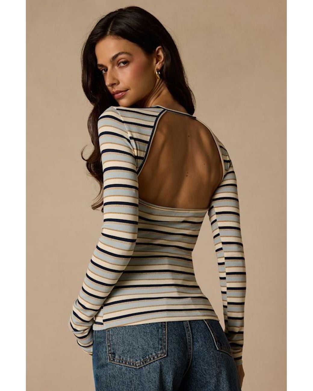 Lulus Green Thompson Striped Long Sleeve Backless Top