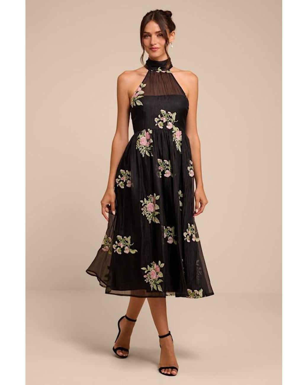 Lulus Black Kira Embroidered Halter Midi Dress