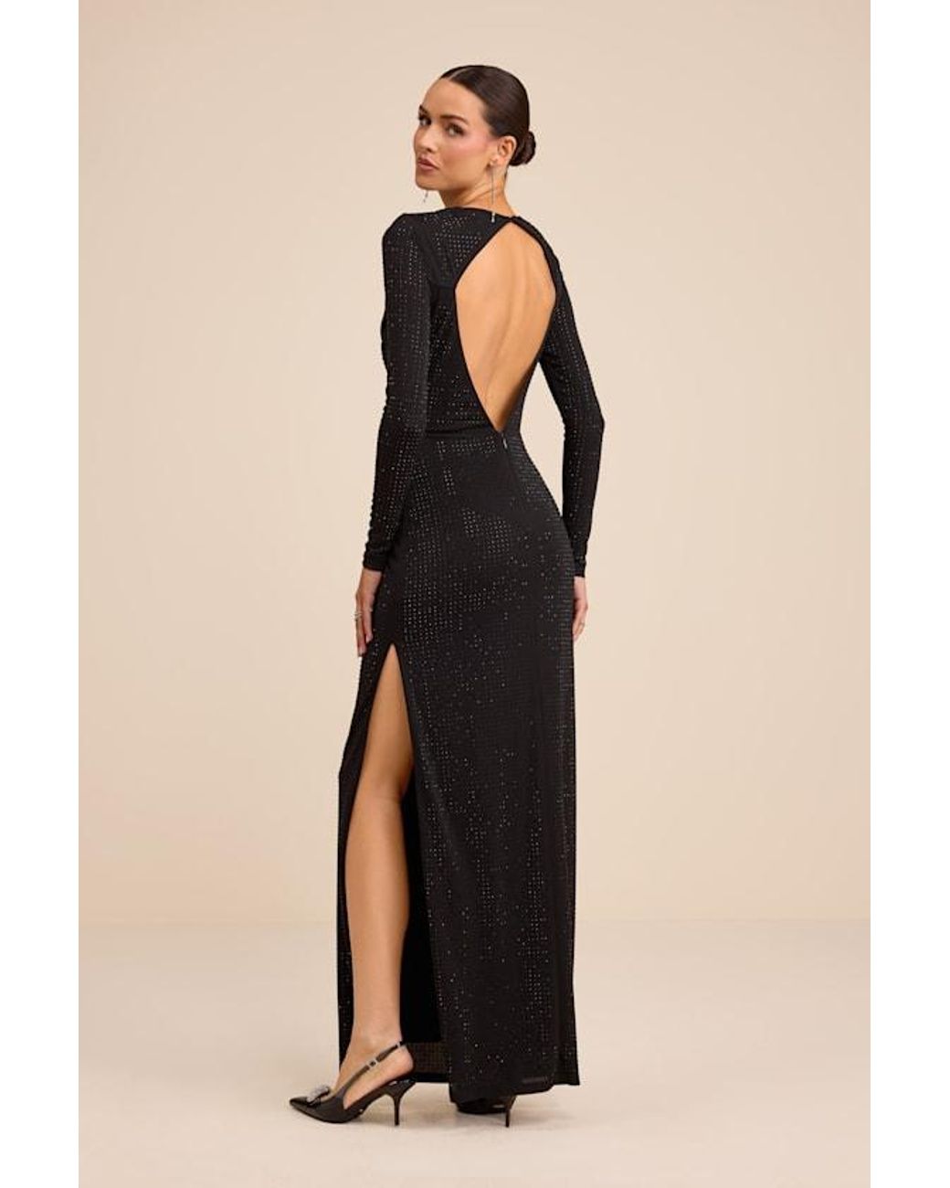 Lulus Black Rhodria Rhinestone Cowl Long Sleeve Maxi Dress