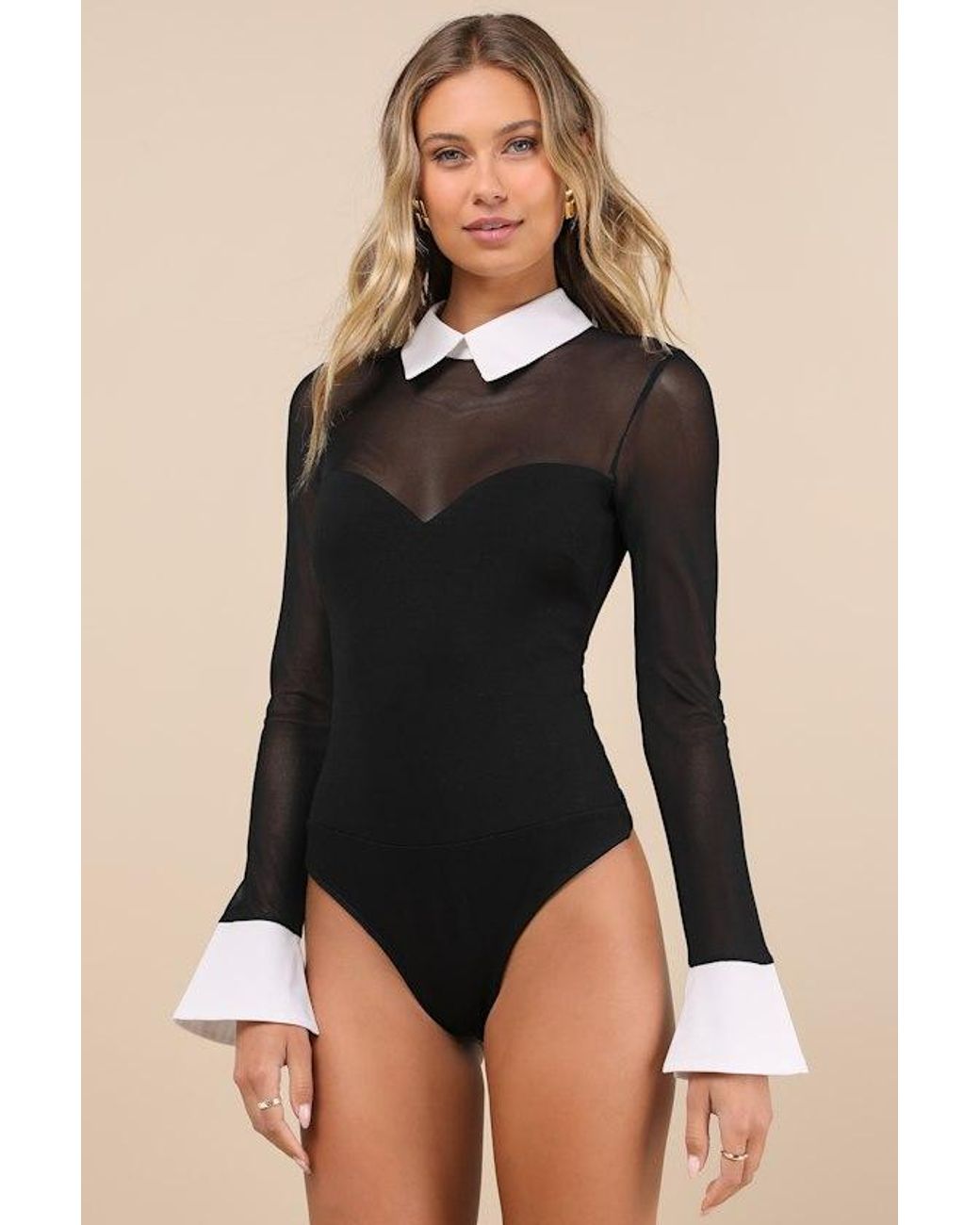 Lulus Black Confident Essence Mesh Long Sleeve Bodysuit