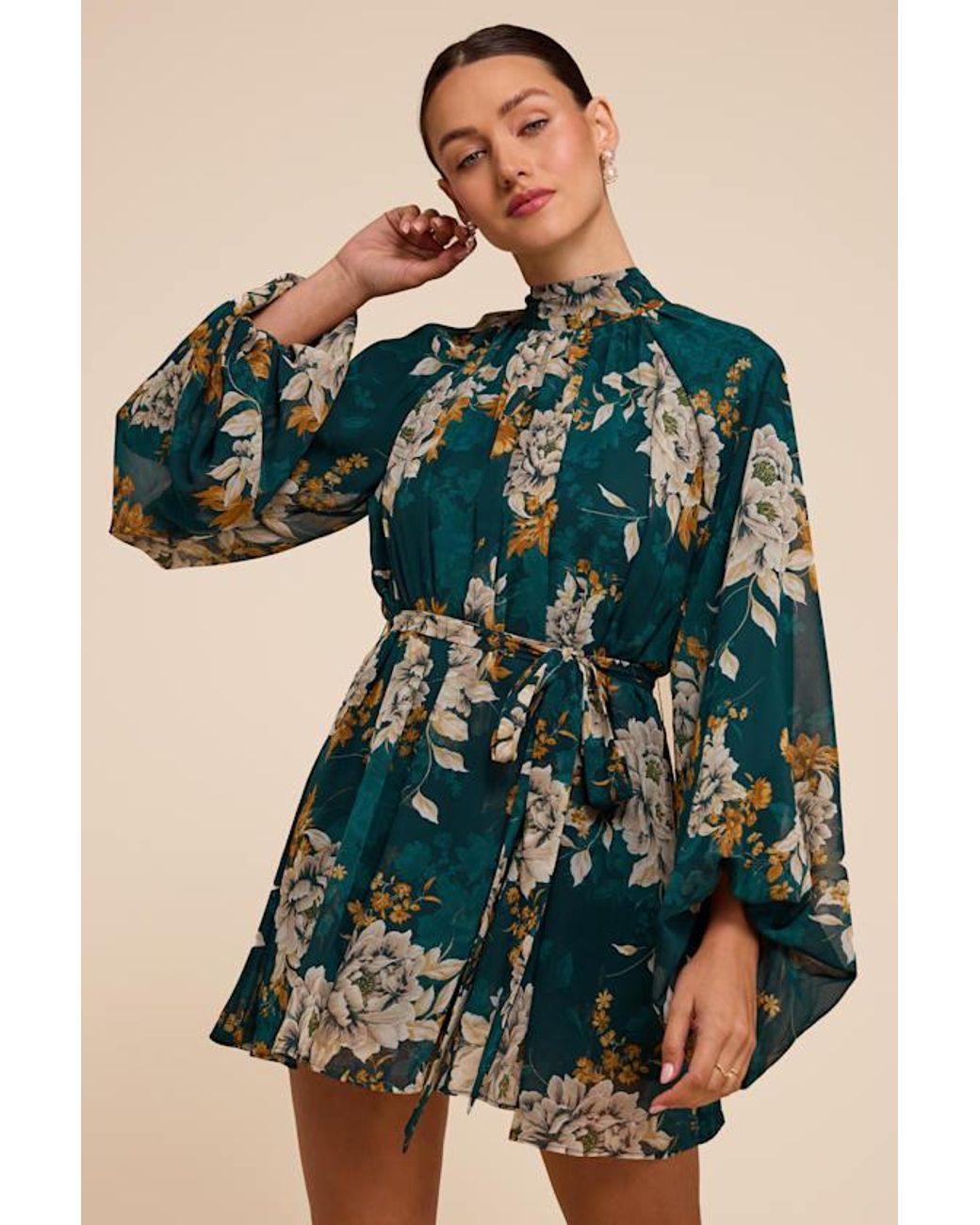 Lulus Green Lata Emerald Floral Mock Neck Belted Mini Dress