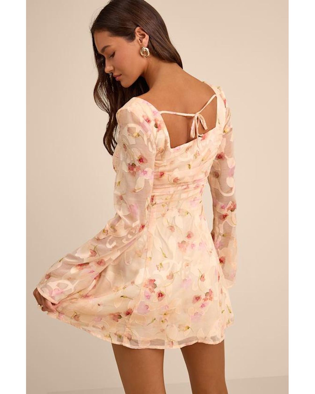 Lulus Natural Rieti Cream Floral Burnout Long Sleeve Mini Dress