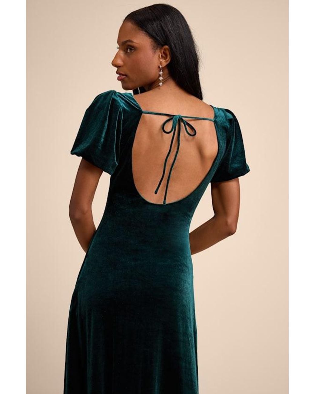 Lulus Black Obrissa Emerald Velvet Puff Sleeve Tie-Back Midi Dress