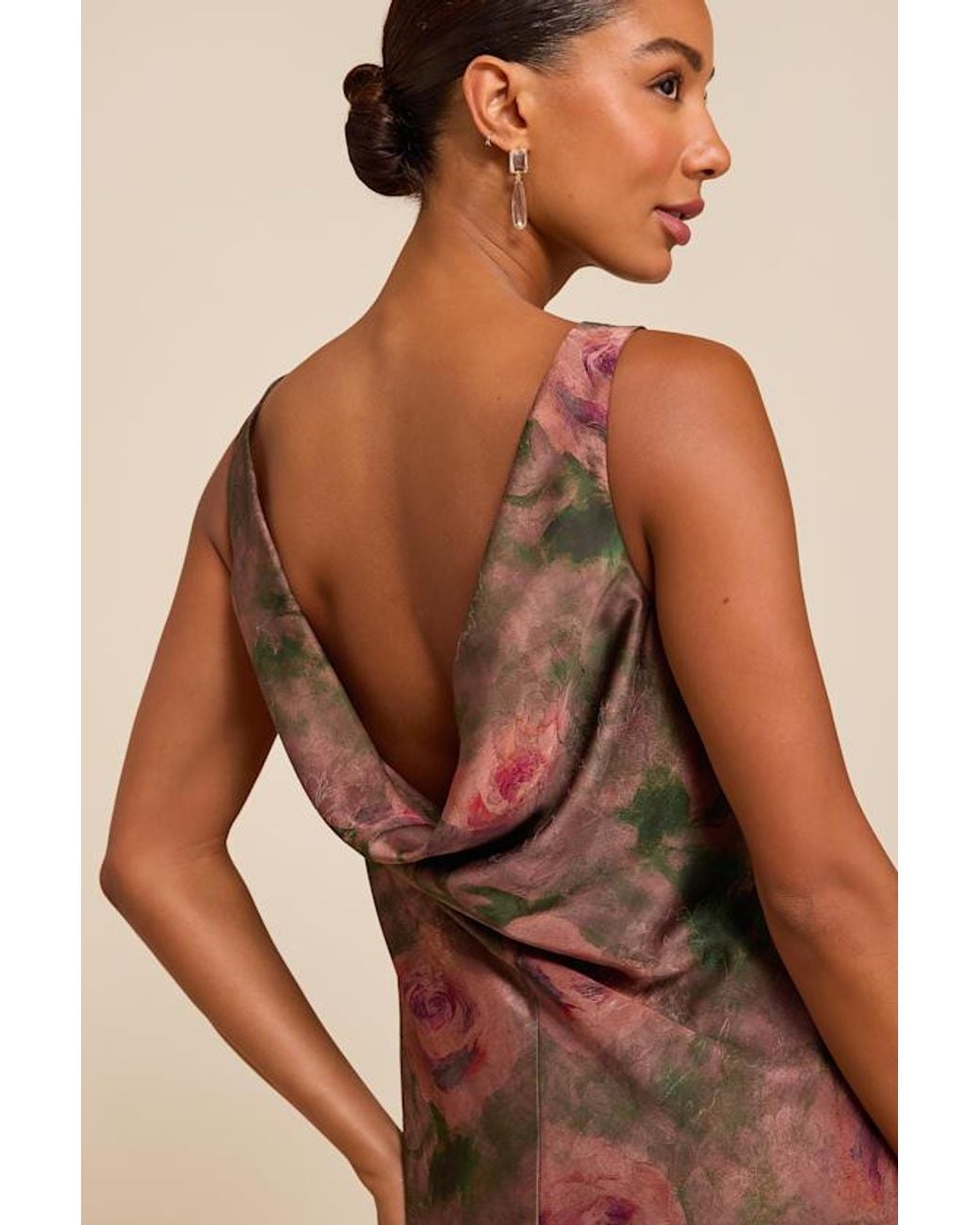 Lulus Natural Bella Floral Satin Cowl Maxi Dress