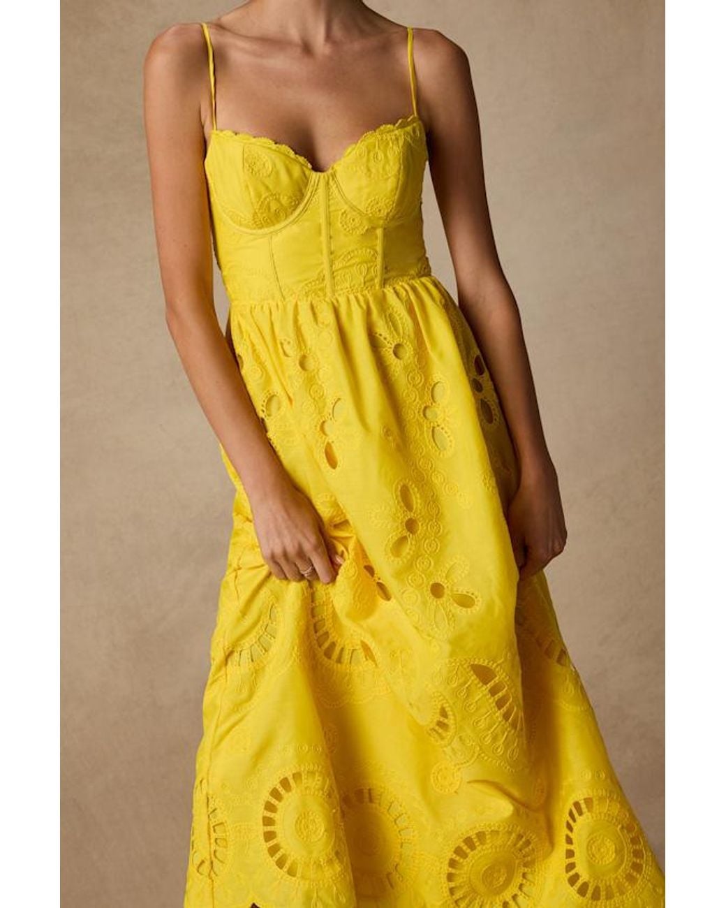 Lulus Yellow Jenora Embroidered Bustier Midi Dress