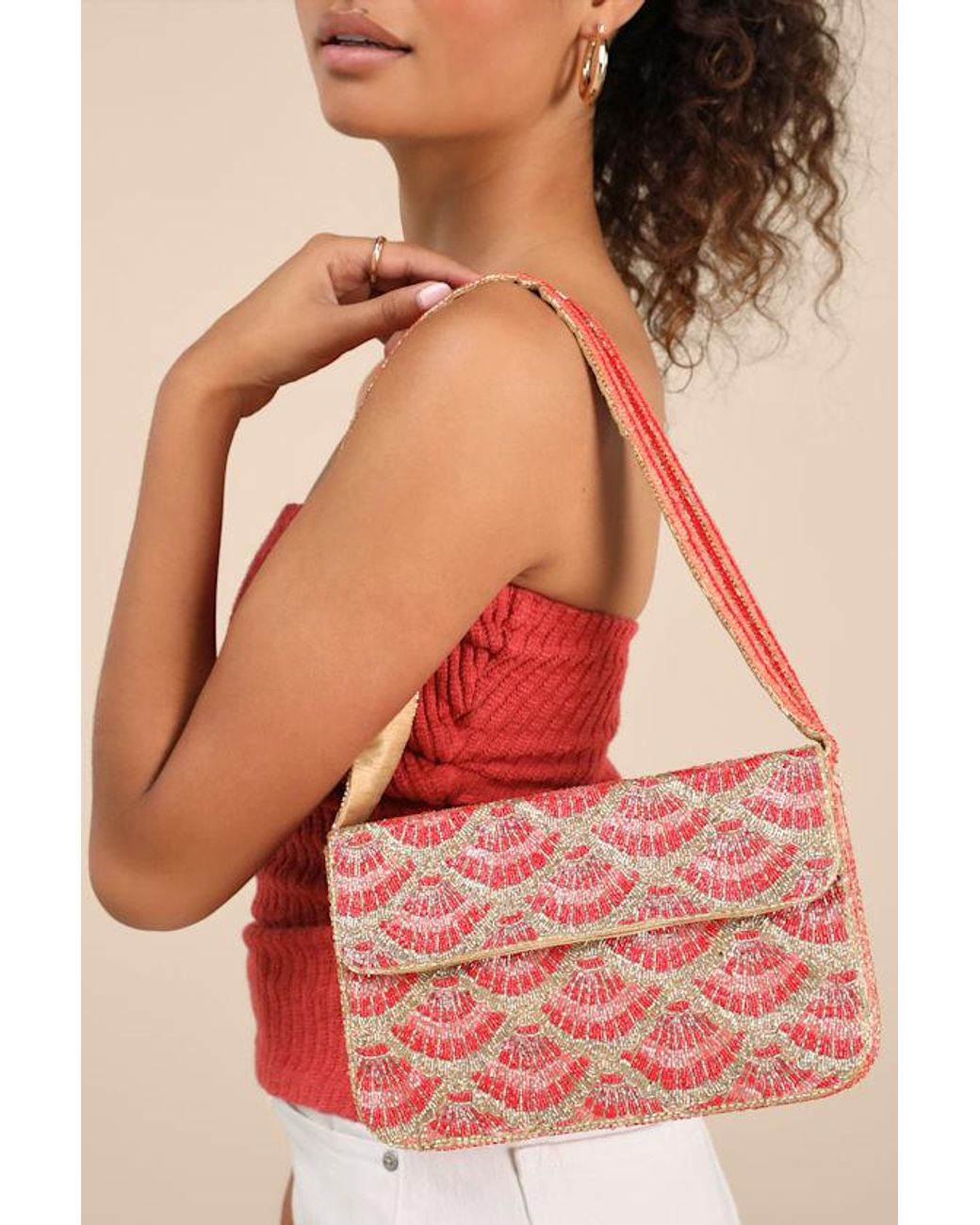 Lulus Red Pania And Seashell Beaded Shoulder Bag