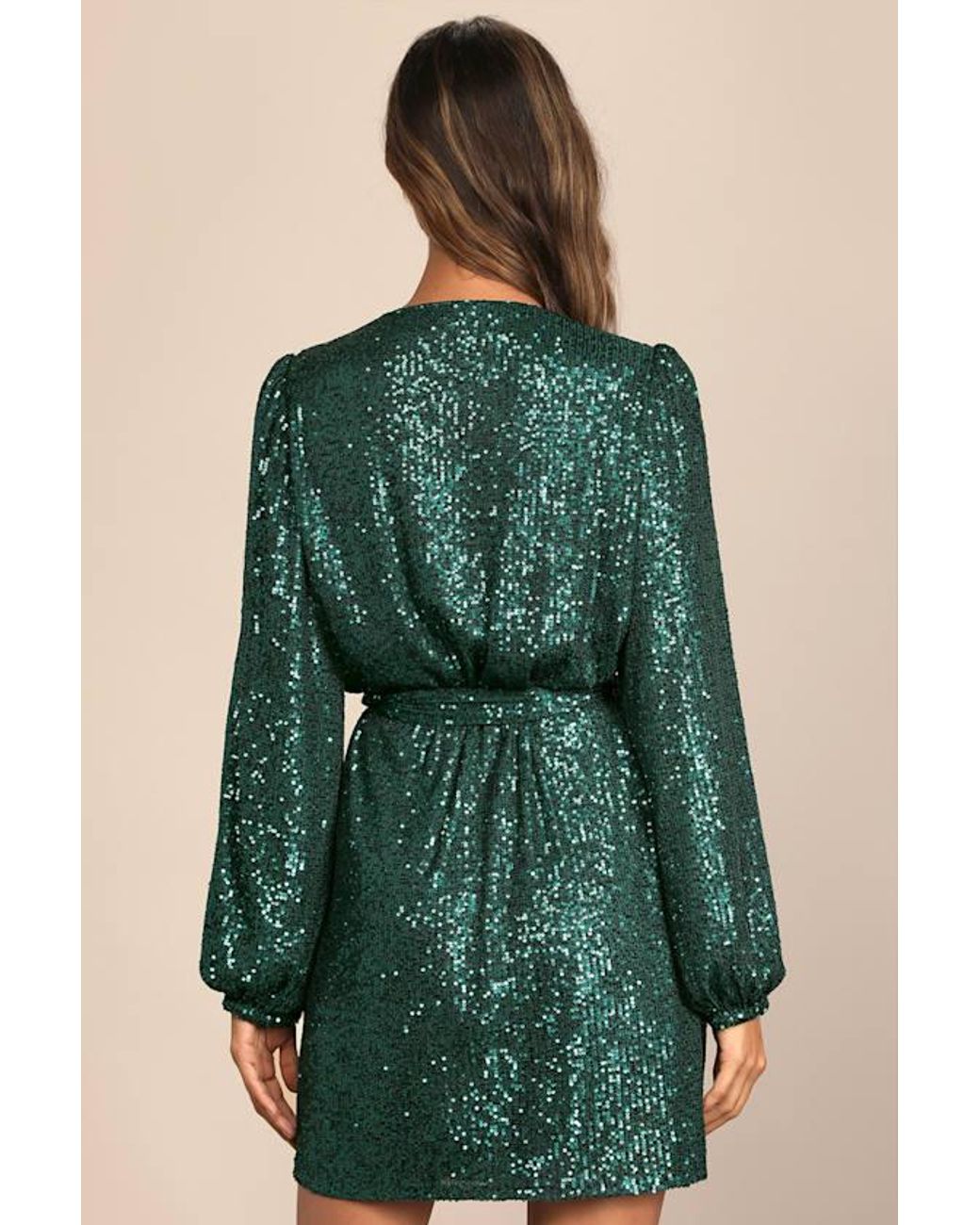 Lulus Green Sparkly Darling Sequin Long Sleeve Wrap Dress