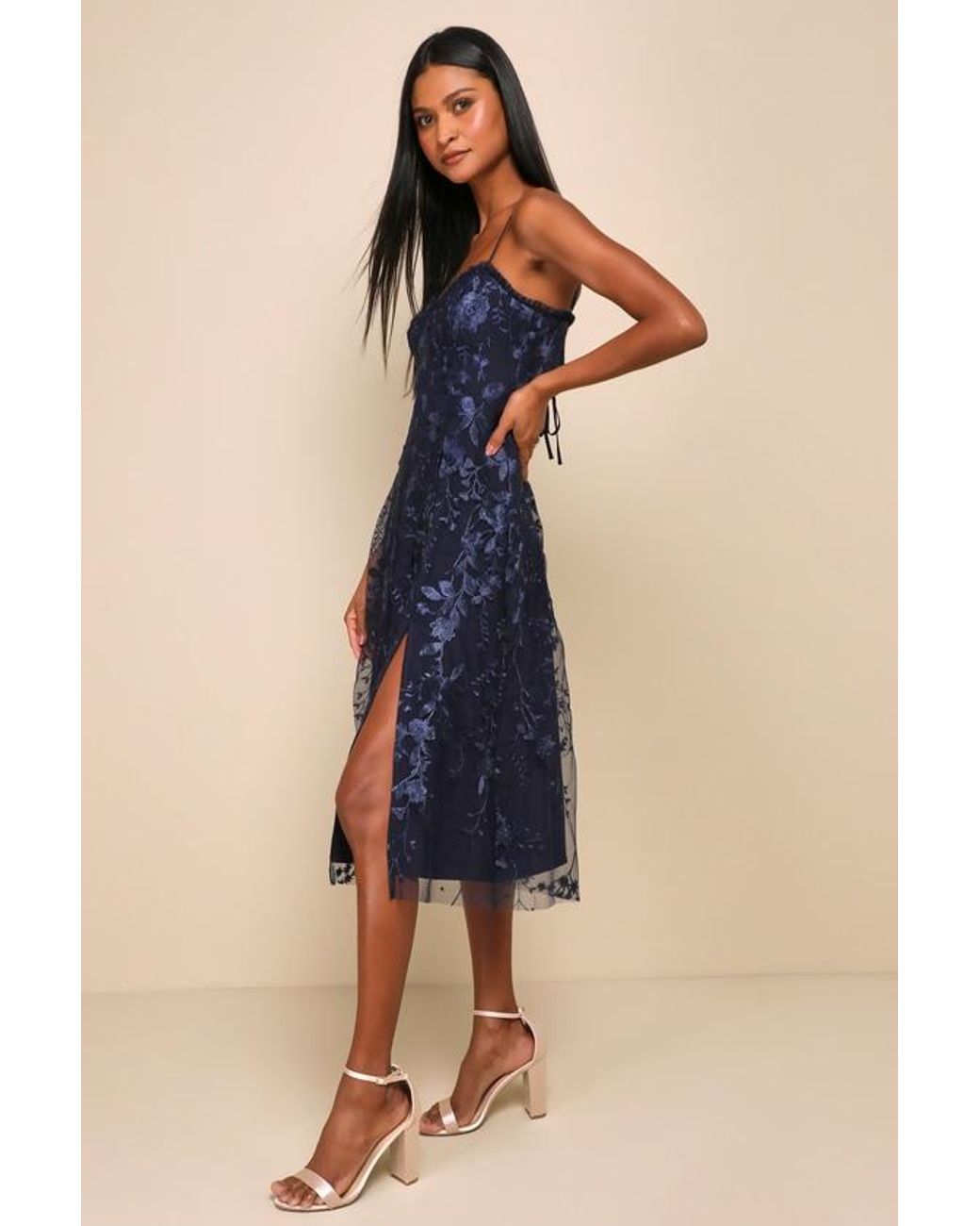 Lulus Blue Charmingly Sophisticated Tulle Embroidered Midi Dress
