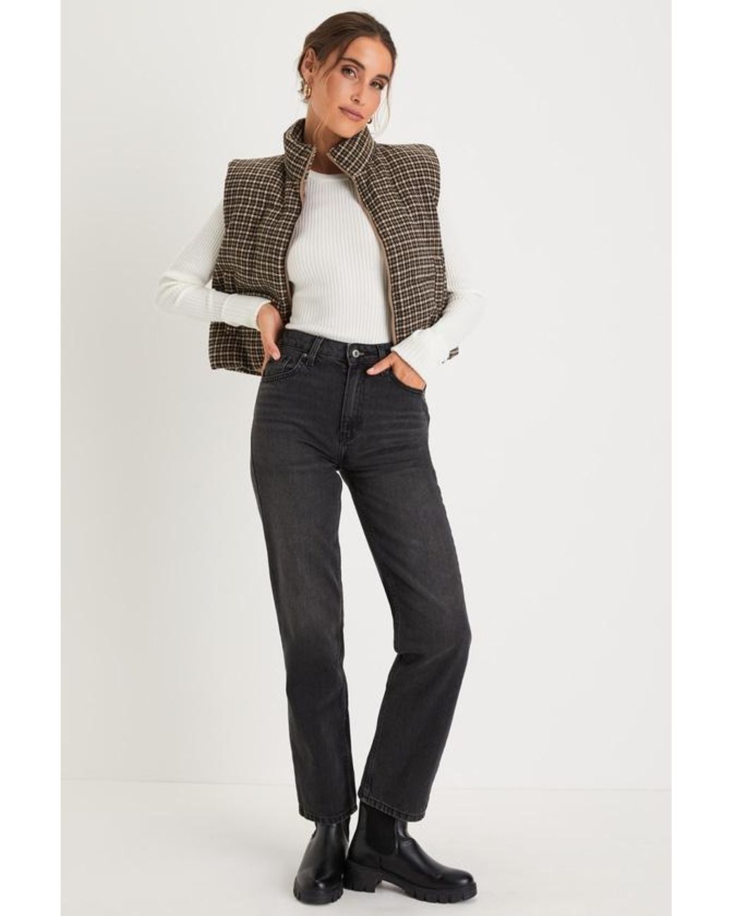 Lulus Black Cloud Nine Cutie Houndstooth Cropped Puffer Vest