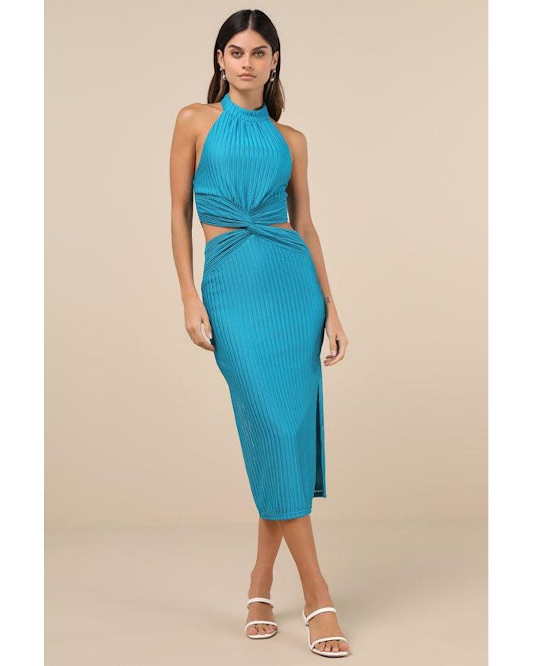 Lulus Poised Attitude Halter Cutout Twist-Front Midi Dress in Blue | Lyst