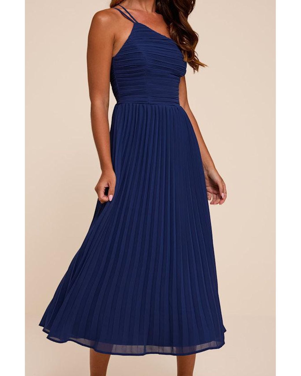Lulus Blue Wondrous Muse Pleated One-Shoulder Midi Dress