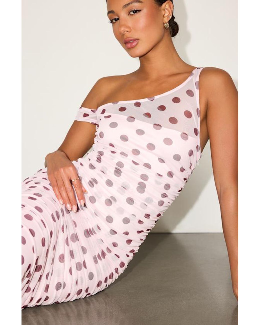 Lulus Pink Decca Blush Polka Dot Mesh Ruched Maxi Dress