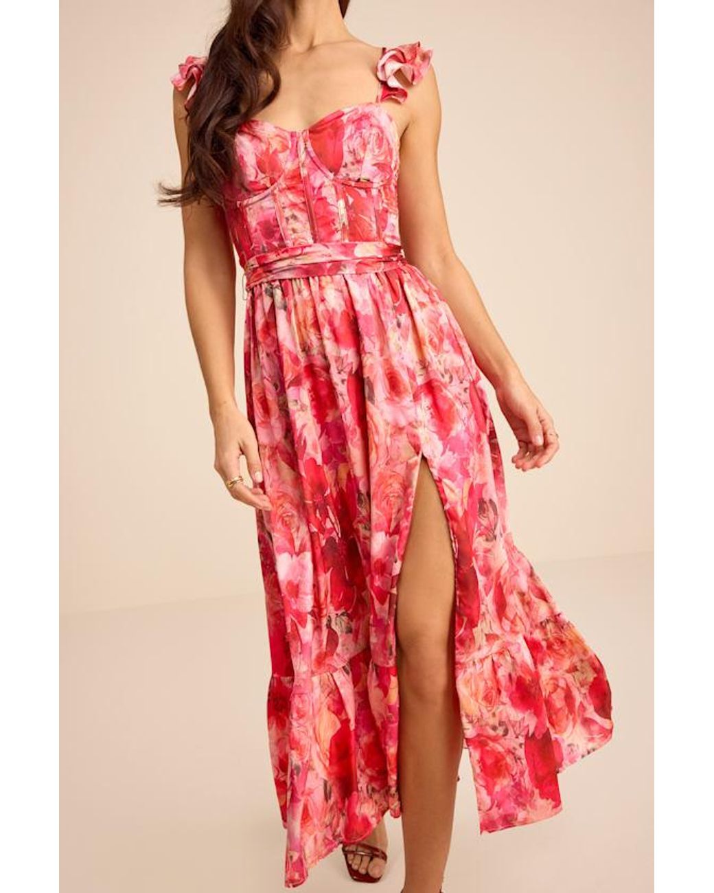Lulus Red Sweet Like Sangria Floral Ruffled Bustier Midi Dress