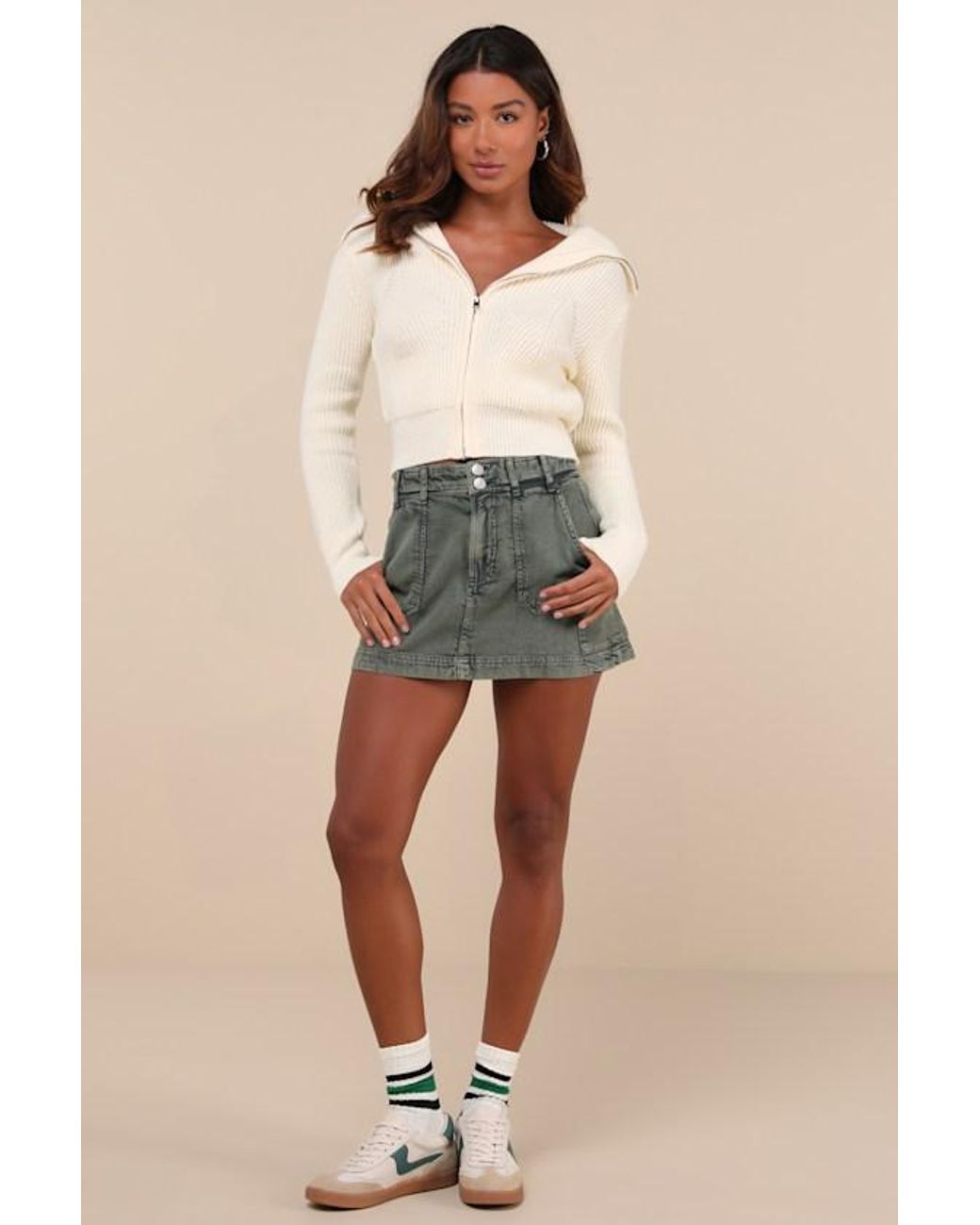 Lulus Natural Cozy Inclination Cropped Zip-Front Collared Sweater