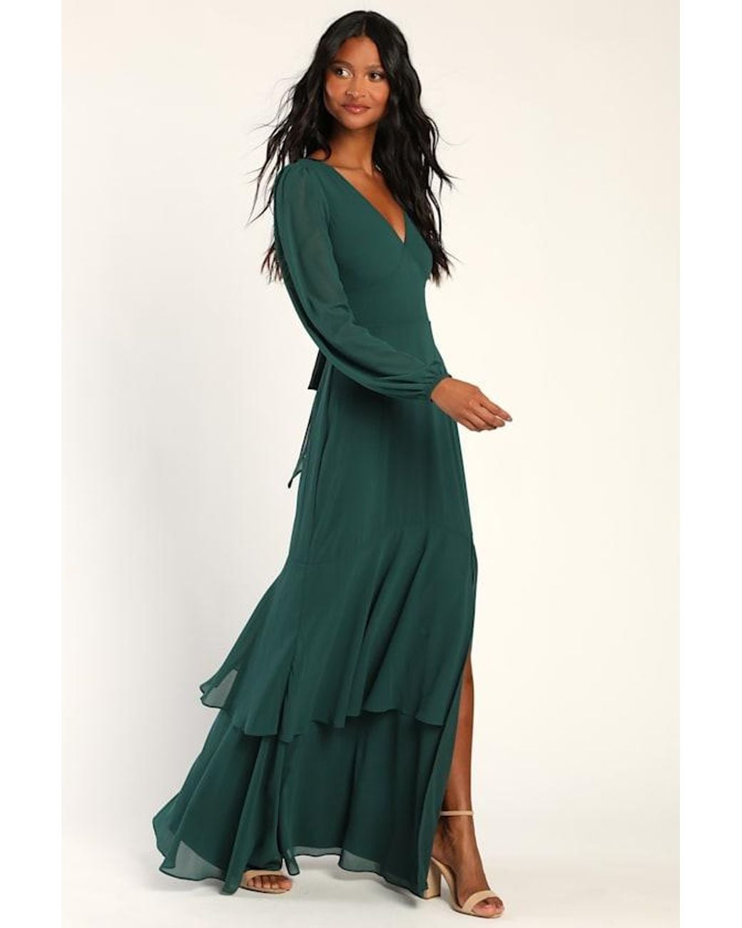 Lulus Blue Tier Elegance Hunter Long Sleeve Tiered Maxi Dress