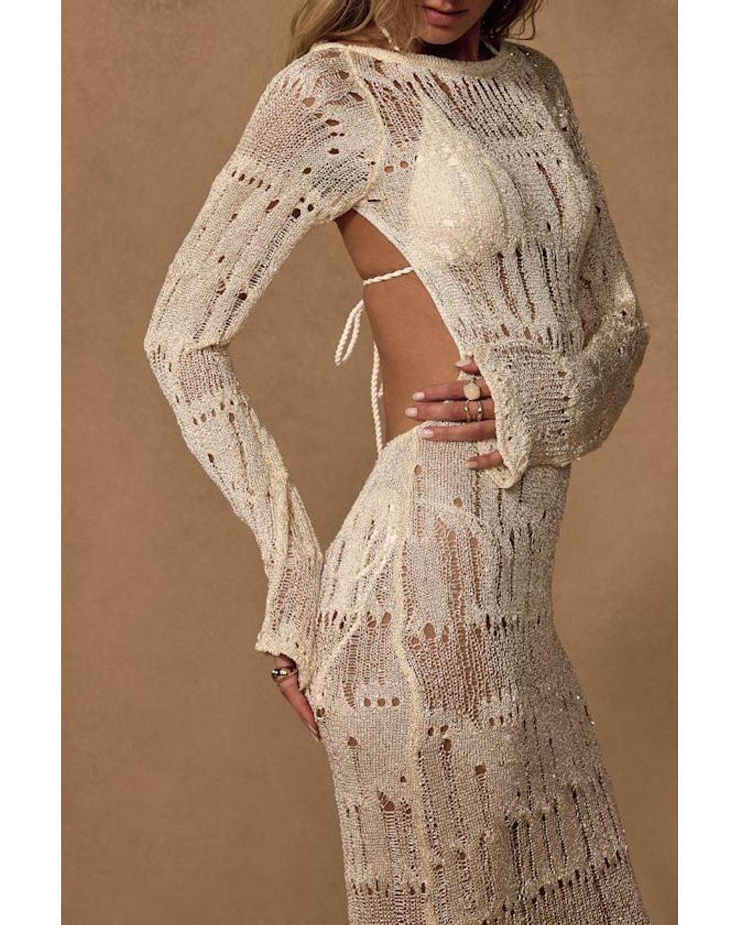 Lulus Brown Salise Shiny Cream Distressed Maxi Swim Cover-Up