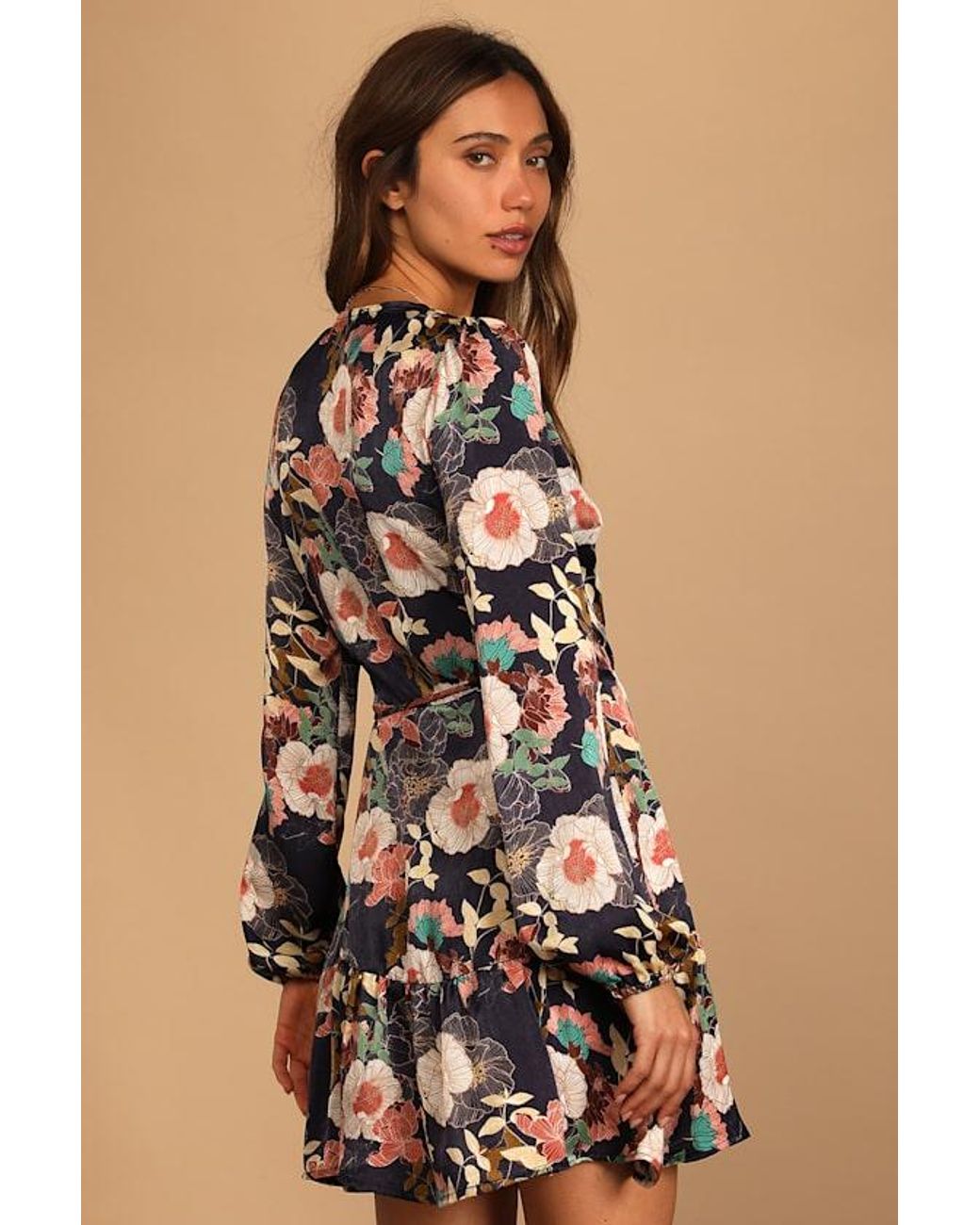 Lulus Natural So Splendid Floral Satin Long Sleeve Wrap Dress