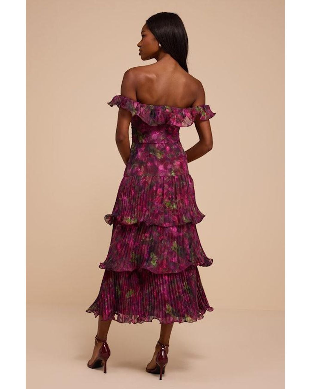 Lulus Red Krista Floral Off-The-Shoulder Midi Dress