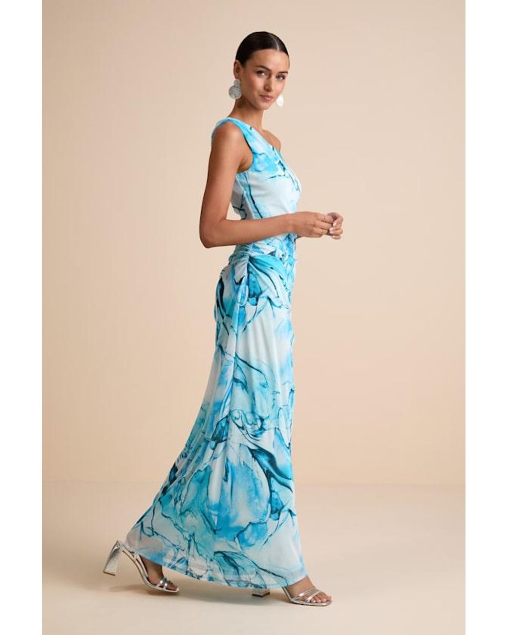 Lulus Blue Jojo Marbled Ruched One-Shoulder Maxi Dress