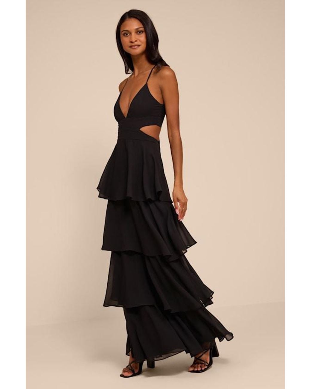 Lulus Black Tier And Now Tie-Back Tiered Maxi Dress