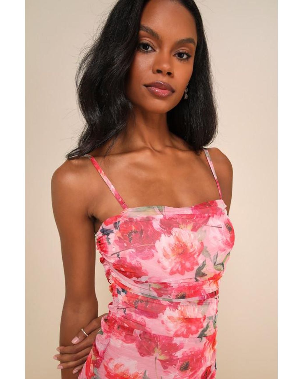 Lulus Pink Blossoming Excellence Floral Mesh Ruched Midi Dress