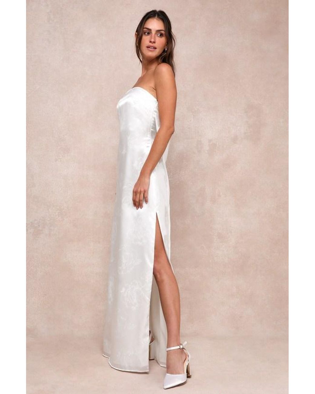 Lulus Natural Avid Elegance Satin Jacquard Strapless Bow Maxi Dress