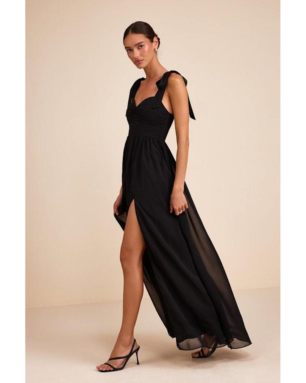 Lulus Black Radiant Charisma Chiffon Ruched Tie-Strap Maxi Dress