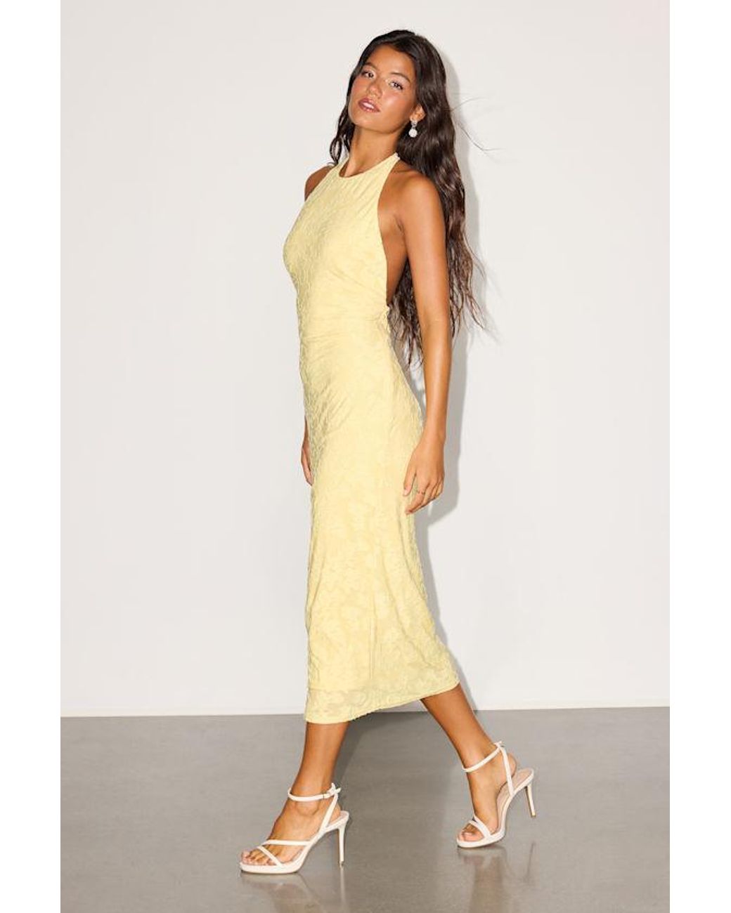 Lulus Natural Sharona Floral Jacquard Backless Midi Dress