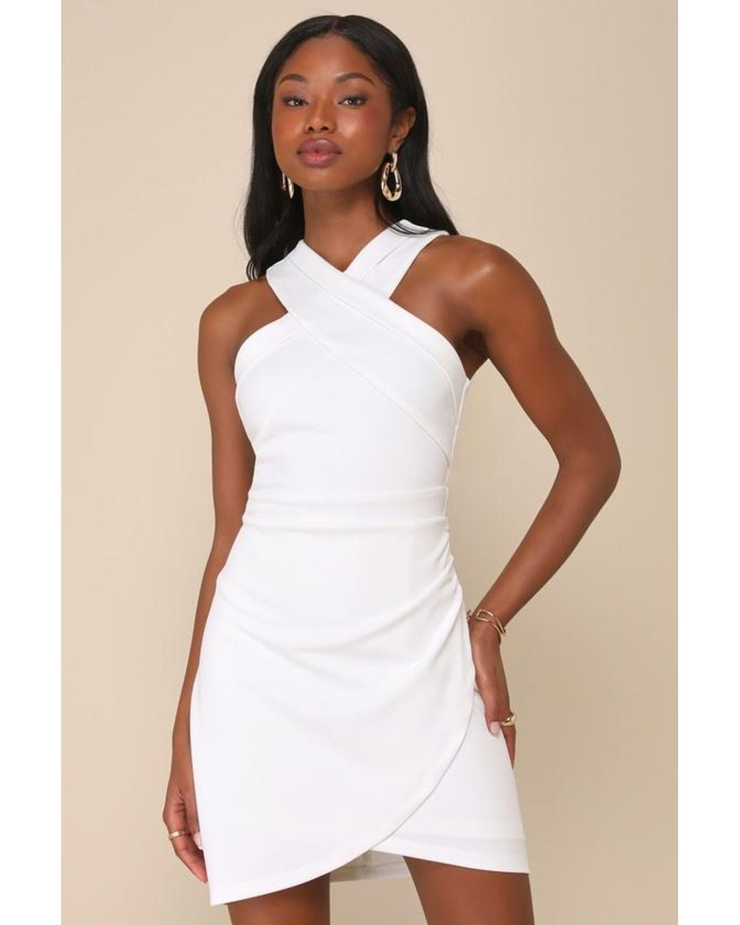Lulus White Headed To Cocktail Hour Halter Tulip Mini Dress