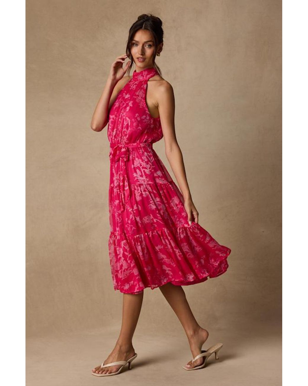 Lulus Pink Float To You Floral Print Halter-Neck Tiered Midi Dress