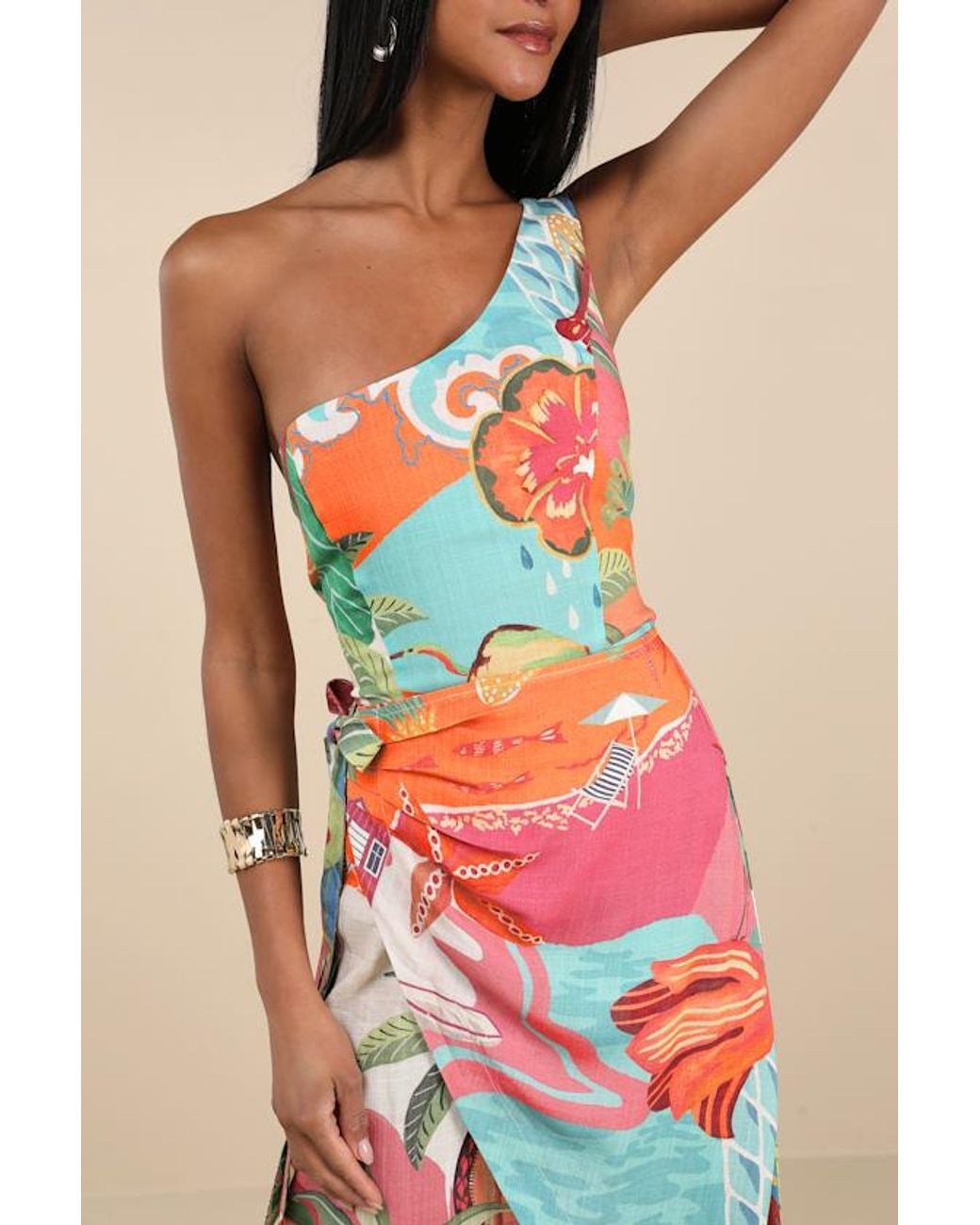Lulus Blue Hilinai Multi Tropical Print Wrap Midi Dress