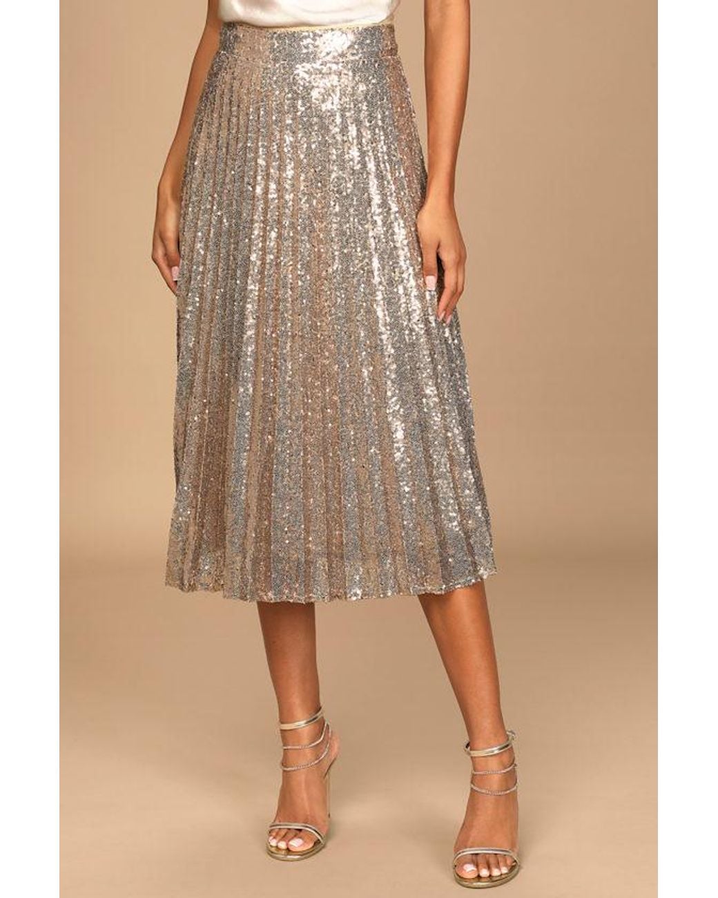 Lulus Natural Glamorous Occasion Sequin Pleated Midi Skirt