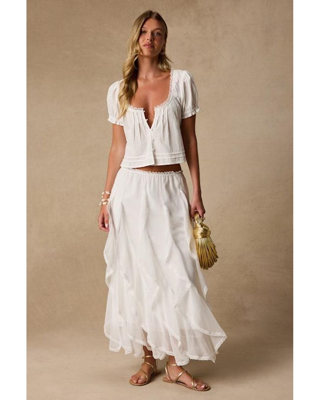 Lulus Natural Tina Ruffled Maxi Skirt