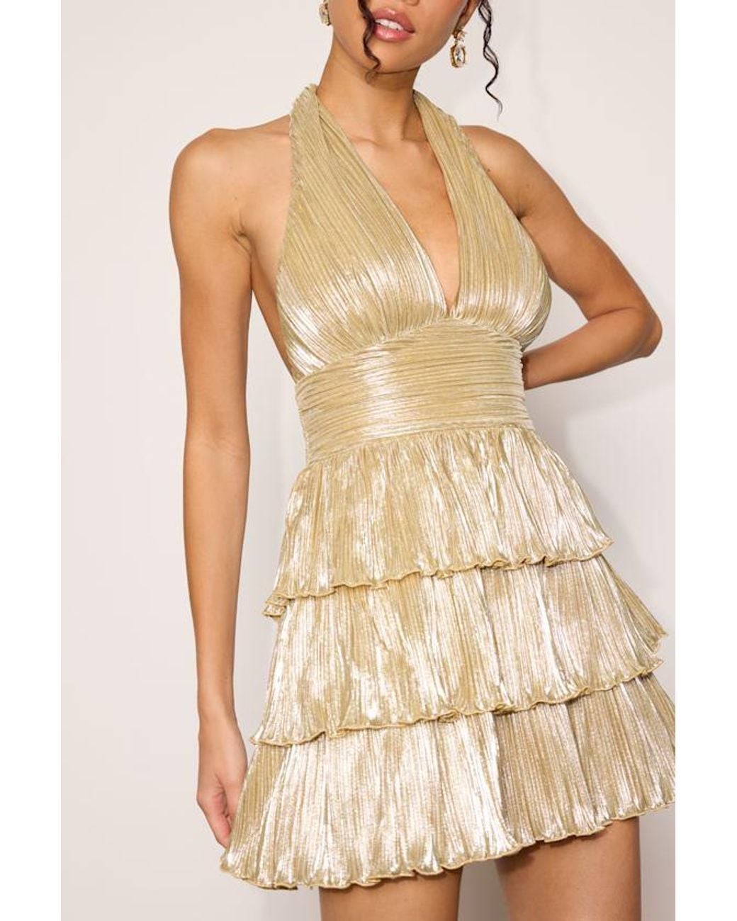 Lulus Natural Carrie Metallic Tiered Mini Dress