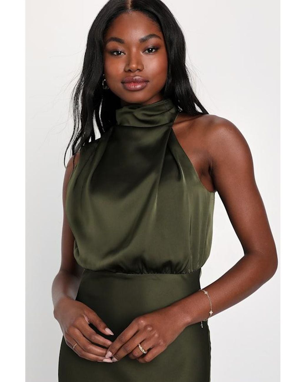Lulus Brown Distinctive Charm Satin Asymmetrical Midi Dress