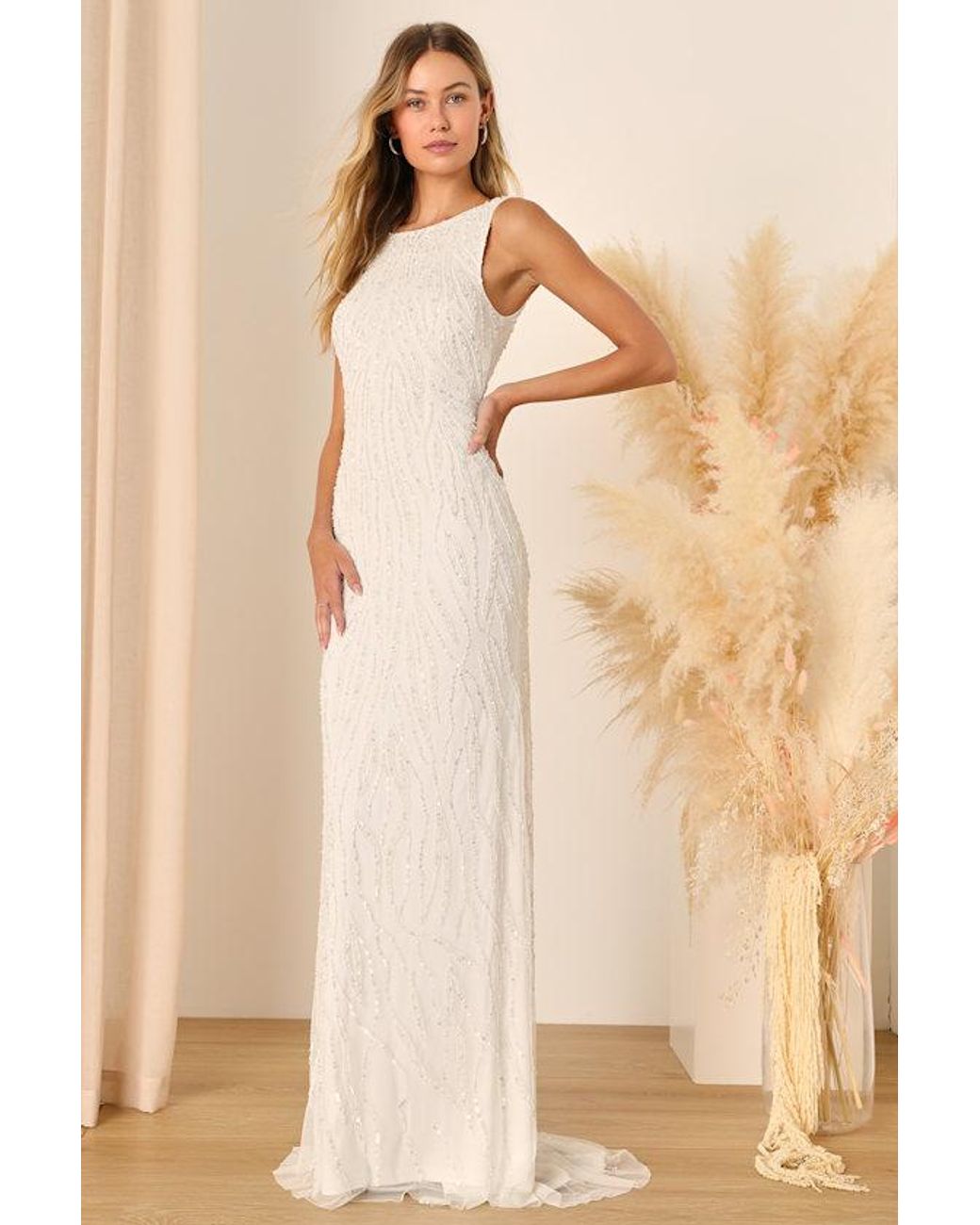 Lulus Glamourous Ever After Sequin Beaded Backless Maxi Dress in Natural |  Lyst