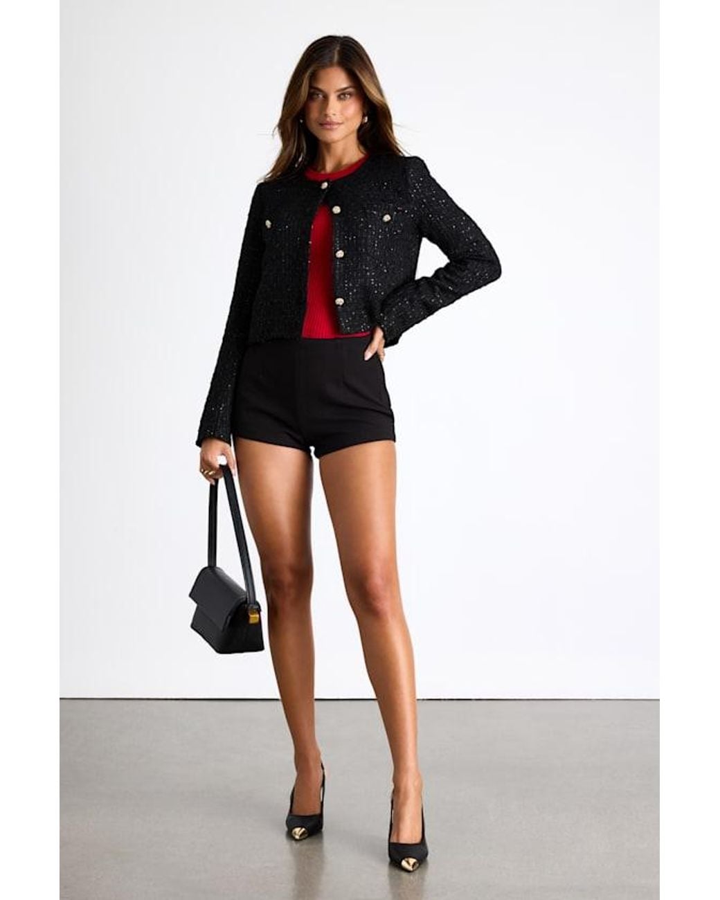 Lulus Black Ralleigh Tweed Sequin Button-Front Jacket