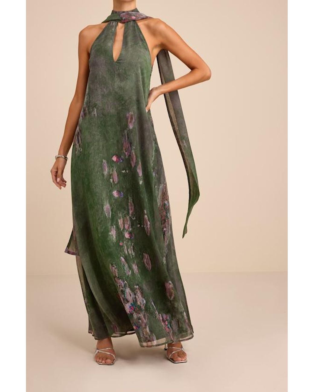 Lulus Green Calixta Abstract Chiffon Sash Shift Maxi Dress