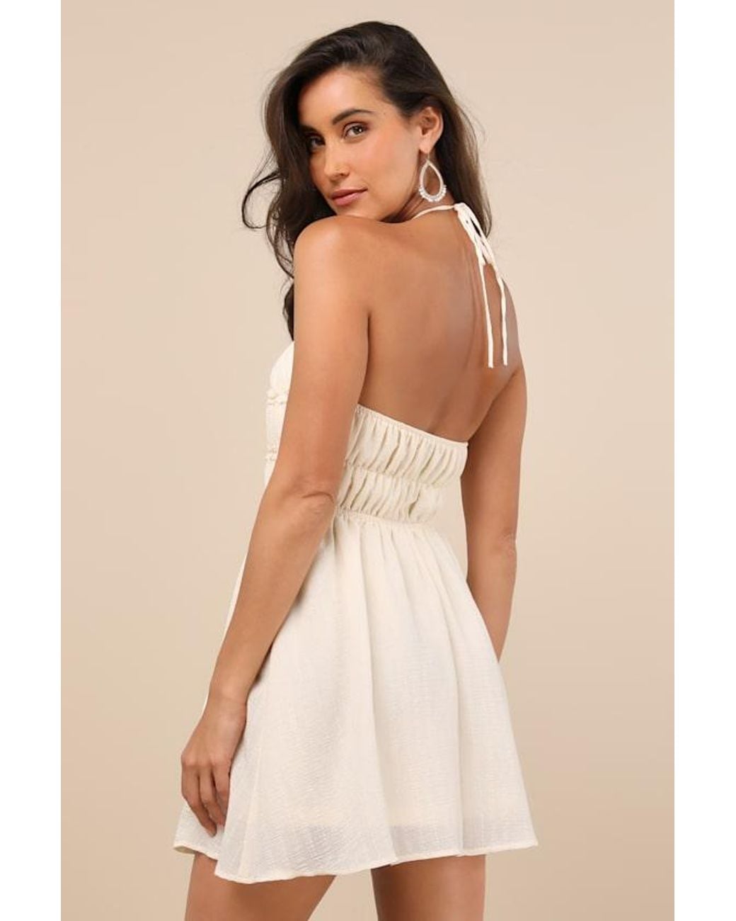 Lulus Natural Kallina Cream Ruffled Halter Neck Mini Dress