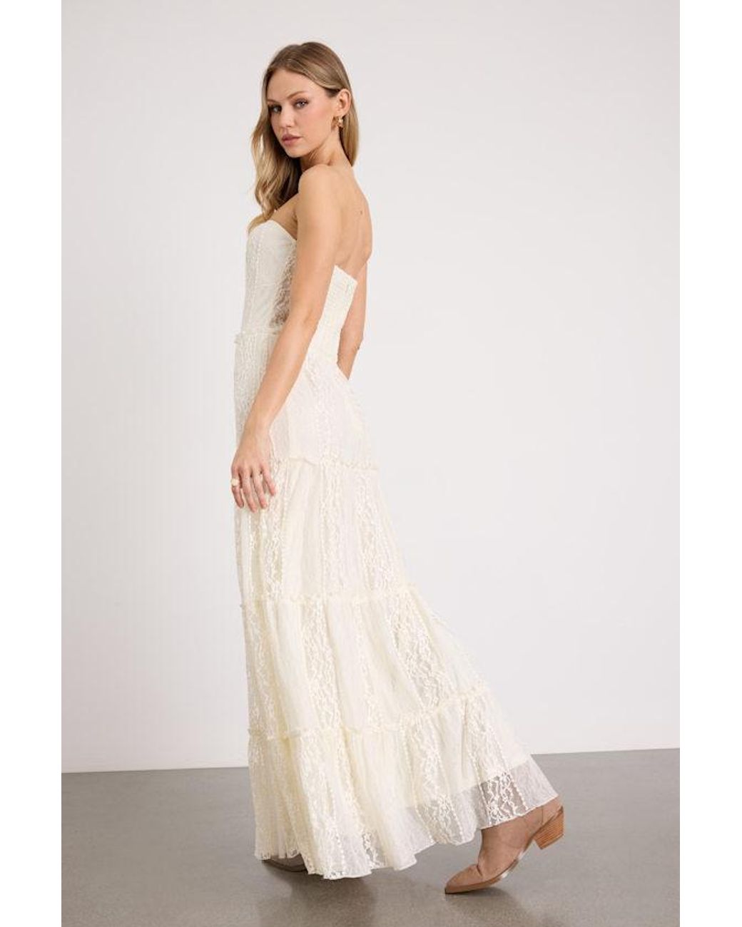 Lulus Natural Nora Lace Strapless Tiered Maxi Dress