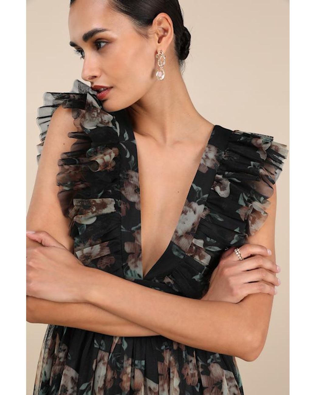 Lulus Black Simply Delighted Floral Mesh Ruffled Backless Maxi Dress