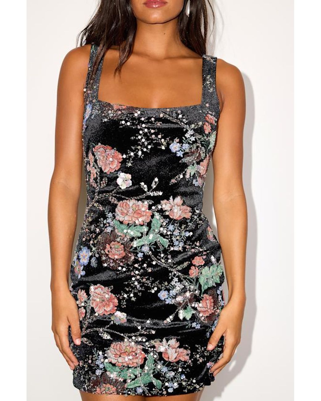Lulus Black Camesha Multi Floral Velvet Sequin Mini Dress