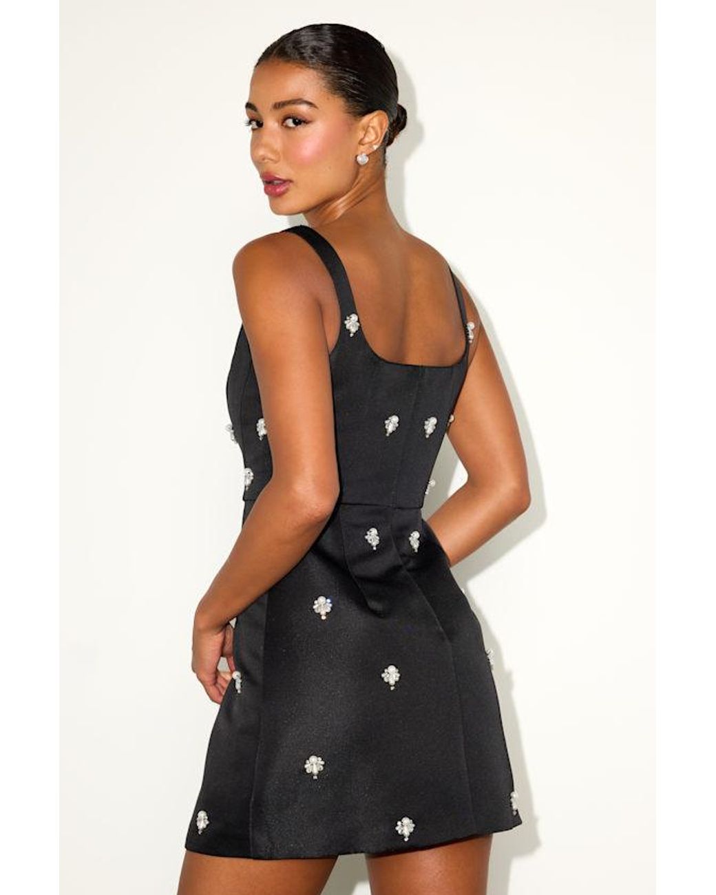 Lulus Black Naveena Satin Pearl Rhinestone Mini Dress