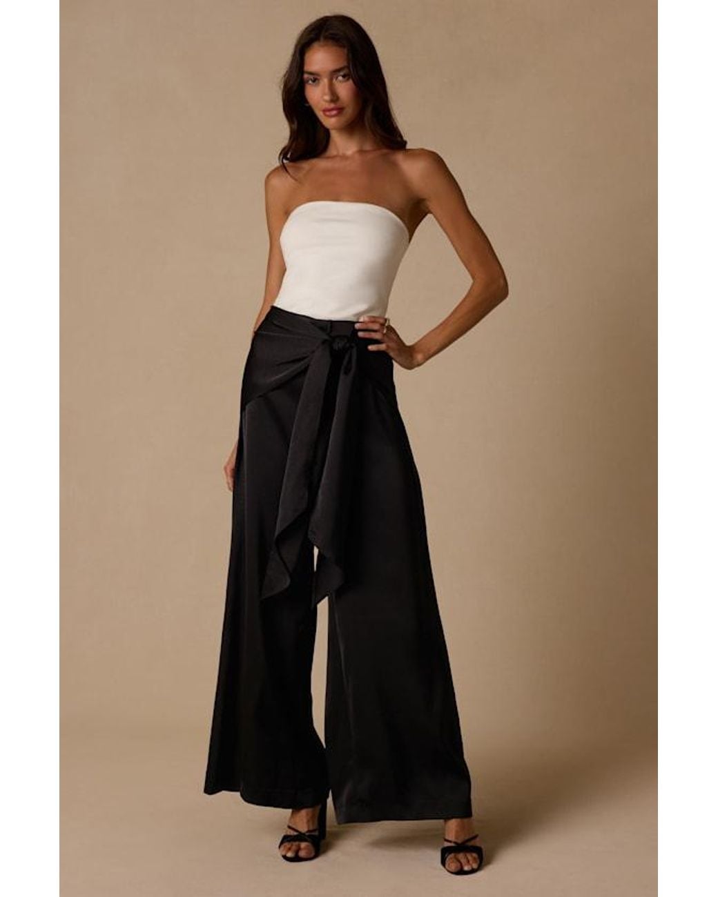 Lulus Natural Ivaya Satin Sash Wide-Leg Pants