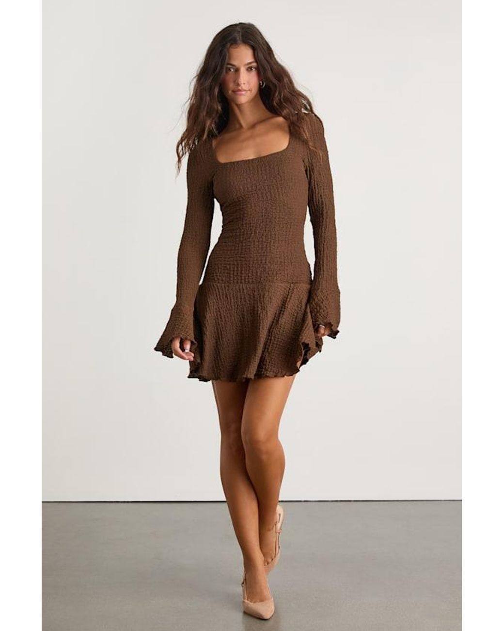 Lulus Brown Radleigh Textured Long Sleeve Drop Waist Mini Dress