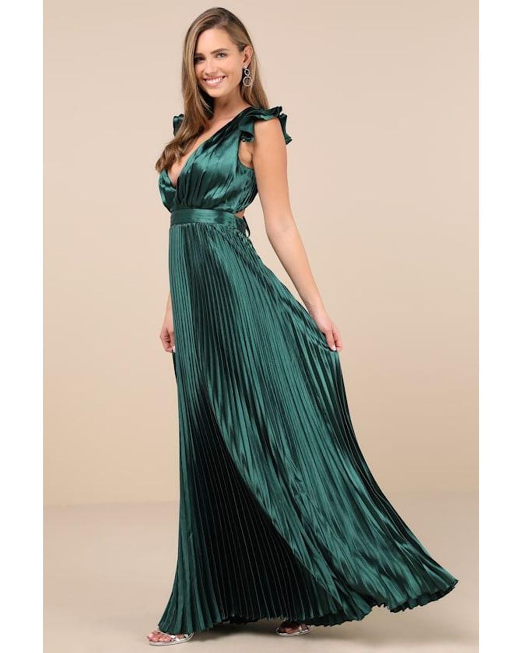 Lulus Blue Exceptional Drama Emerald Satin Lace-Up Pleated Maxi Dress