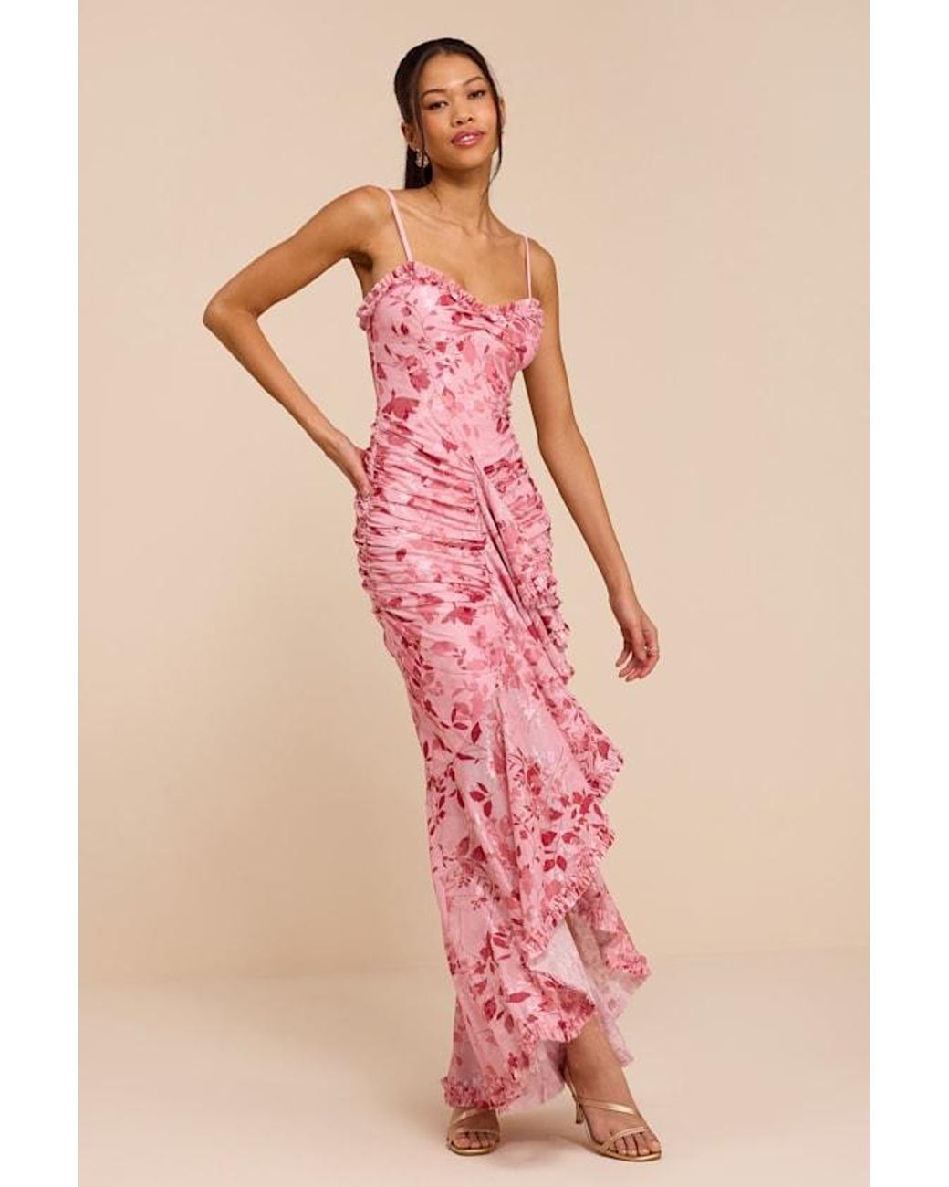 Lulus Pink Zella Multi Floral Mesh Ruffled Maxi Dress
