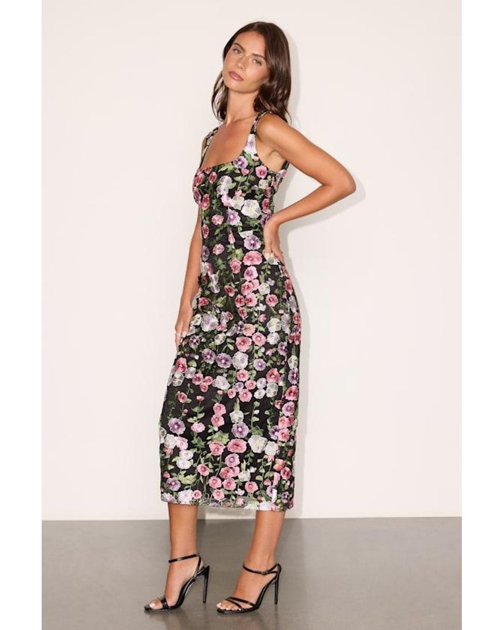 Lulus Pink Alette Multi Floral Embroidered Column Midi Dress